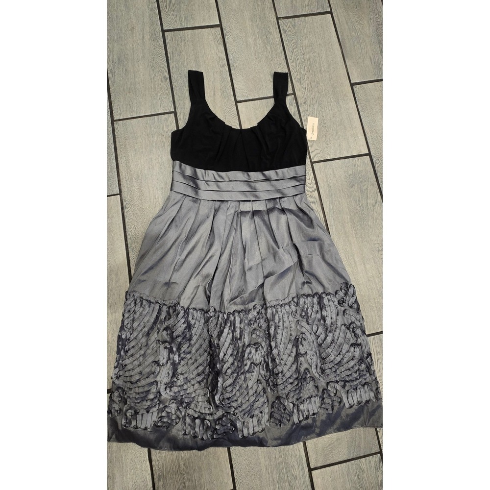 Dressbarn Collection Black Silver Grey Taffeta Ribbon Hem Cocktail Dress 10 NWT